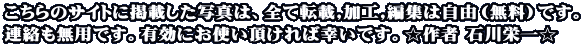 こちらのサイトに掲載した写真は、全て転載,加工,編集は自由（無料）です。 連絡も無用です。有効にお使い頂ければ幸いです。☆作者 石川栄一☆