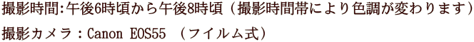 撮影時間:午後6時頃から午後8時頃（撮影時間帯により色調が変わります） 撮影カメラ：Canon EOS55 （フイルム式）